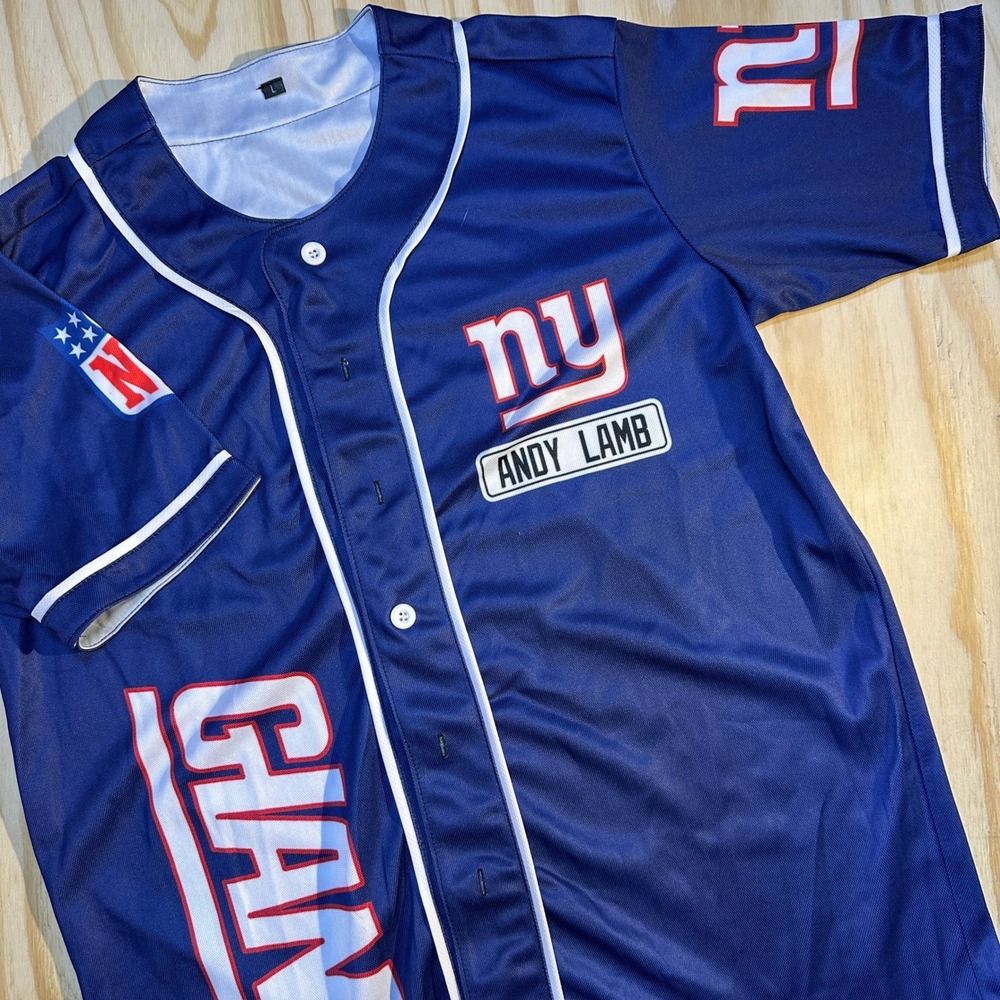 New York Giants Andy Lamb Baseball Style Jersey Blue Mens Size Large NFL Fanwear